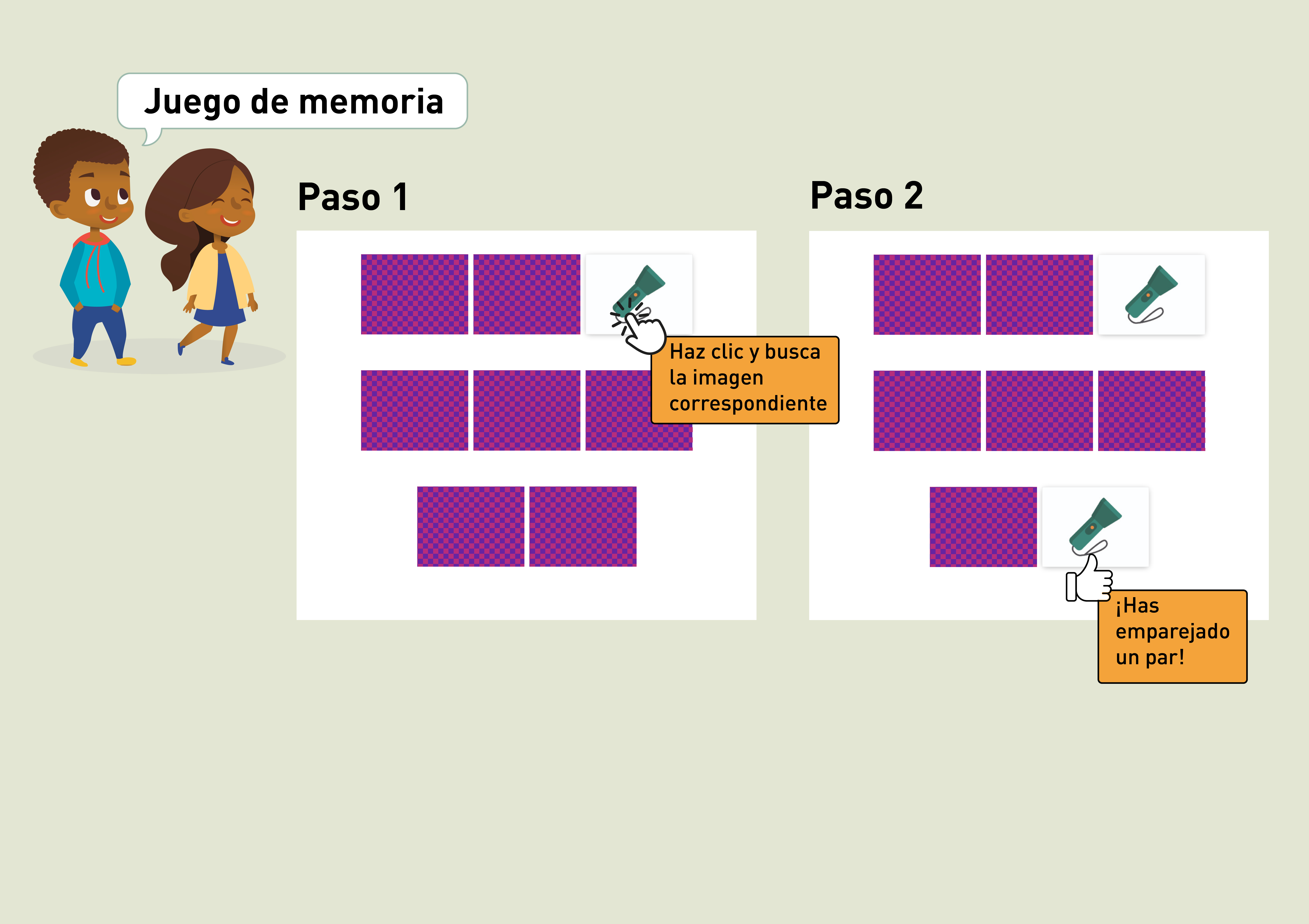 Instrucciones sobre cómo jugar el juego de memoria -- paso 1 - Haz clic y busca la imagen correspondiente -- paso 2 - ¡Has emparejado un par!